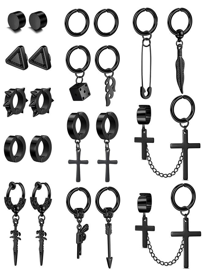 Florideco 22Pcs Stainless Steel Fake Earrings for Men Women Cross Chain Pendant Earring Non-Piercing Huggie Hoop Earrings Set Clip On Earrings for Men Black Fake Earrings Black Tone - Image 1